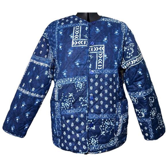 NWT Frnch Small Reversible Quilt Blue Jacket Patchwork Button Pocket Chore Coat - Picture 2 of 12